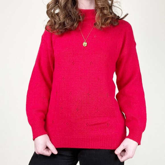 Vintage Sweaters - Vintage Lambs Wool Angora Pointelle Sweater Slouchy Oversized Old Money Parisian